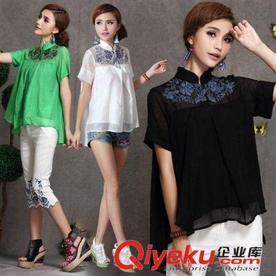 FA7065 民族風(fēng)女裝 2014夏季新款繡花立領(lǐng)寬松短袖雪紡衫批發(fā)